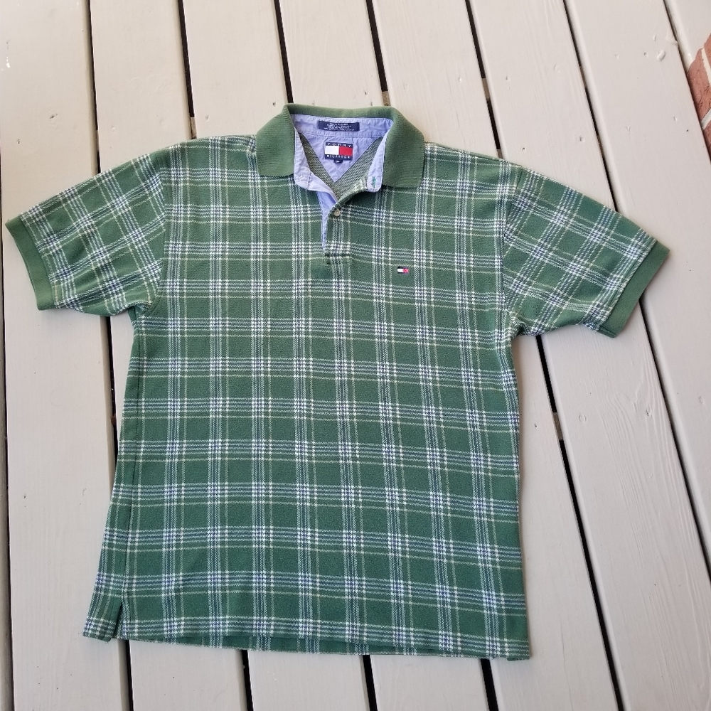 M Vtg Tommy Hilfiger green plaid polo shirt